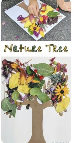 two pictures with flowers and leaves on them, one is cut out to make a tree