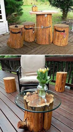 the table is made out of logs and has flowers in it, sitting on a deck