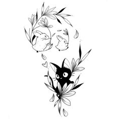 a black and white drawing of two cats with flowers on their backs, one in the middle