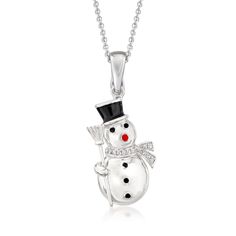 Ross-Simons - Silver Snowman Pendant Necklace, Multicolored Enamel, Diamond Accents. 18". An RS exclusive. Gleaming in high-polished sterling silver, this charming snowman pendant necklace will make you heart smile. Dotted with black and red enamel, and glitzed with a diamond-accented scarf. Suspended from a cable chain that includes a 2" extender. Lobster clasp, sterling silver snowman pendant necklace. Diamond birthstones are the perfect gift for April birthdays. Detailed Necklace, Diamond Birthstone, Fine Jewelery, Precious Gemstones Jewelry, Christmas Jewelry, Fine Jewellery Necklace, Birthstone Necklace, Diamond Stone, Cultured Pearls