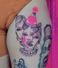 Fool For You Tattoo, The Fool Tarot Tattoo Design, Creepy Girly Tattoos, Neon Pink Tattoo, Back Stamp Tattoo, Girl Clown Tattoo, Neon Tattoo Ideas, Female Clown Tattoo, Pink Tattoo Ideas