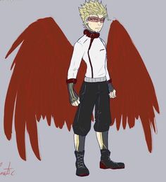 an anime character with large red wings on his chest and black pants, standing in front of a gray background