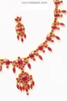 Rubies Necklace & Long Earrings Set in 22 Karat Gold.
  Gross Gold Weight of Necklace Set: 32.700 grams
  Total Weight of Rubies: 20.00 Carats
  
    Note: We can make this same design with Emeralds, Bule Saphire 
  or in any other colored stone of your choice for the same price. - 235-SET281 - in 32.700 Grams for USD $3048.49. 
Made in India by Totaram Jewelers Online this product is in Gold - 22 Karat BIS Hallmark 916 KDM Gold  & is an excellent gift for Adult - Women. Ships fully i Rubies Necklace, Ruby Necklace Designs, Gold Ruby Necklace, Indian Gold Jewelry, 22k Gold Jewelry, Traditional Jewellery, Gold Jewelry Stores, Pearl Bangle, Colored Stone