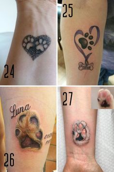 four pictures showing different tattoos on the wrist and foot, with dog's paw prints