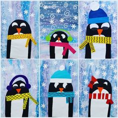 four pictures of penguins wearing hats and scarves with snowflakes in the background