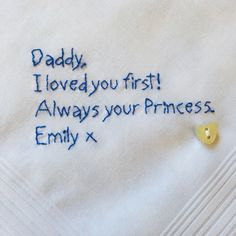 Unique hand embroidered 'Dad I loved you first' cotton handkerchief. I have used slate grey 100% colour fast embroidery thread for the inscription on this gorgeous handkerchief. This lovely keepsake is finished of with a mother of pearl heart shaped button. The handkerchief measures 41 cms x 41 cms. I have other men's hankies and I would be more than happy to make one up to your personal colour scheme and sentiment. Please just send me a message via TheButtonCompany web page with your request. T Embroidered Text Cotton Handkerchiefs For Gifts, Cotton Handkerchiefs With Embroidered Text For Gift, Cotton Handkerchief With Machine Embroidery For Gift, Cotton Handkerchiefs With Embroidered Text As Gift, Embroidered Cotton Handkerchiefs As Gifts, Fast Embroidery, I Loved You First, Pearl Heart, Love Yourself First