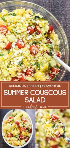 a collage of photos showing the ingredients for a summer couscous salad in a glass bowl