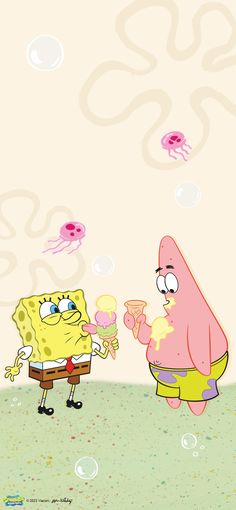 spongebob and his friend blowing bubbles in the air