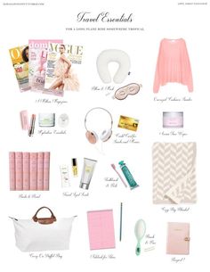 the contents of a travel essentials bag are shown in pink and white, along with other items