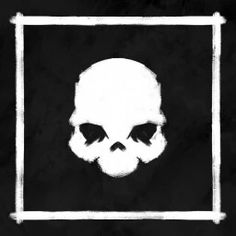 a white skull in a square on a black background