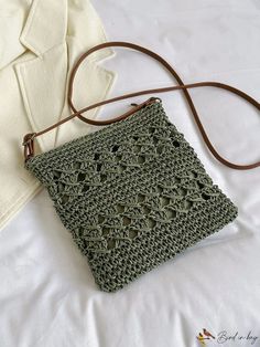 BirdinBag - Woven Straw Crossbody Bag with Chic Hollow Out Design - Perfect for a Holiday Vibe Green Rectangular Crochet Bag With Removable Pouch, Green Beach Bag With Mobile Phone Holder, Green Shoulder Bag For Beach With Mobile Phone Pocket, Green Shoulder Bag With Mobile Phone Holder For Beach, Green Shoulder Bag With Mobile Phone Pocket For Beach, Green Handheld Bag With Adjustable Handle, Green Crochet Bag With Removable Pouch For Daily Use, Green Crochet Pouch Bag With Adjustable Strap, Green Rectangular Shoulder Bag With Adjustable Handle