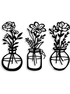 three vases with flowers in them on a white background