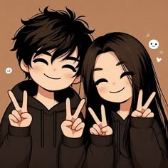 two people are making the peace sign with their hands