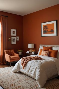 a bedroom with orange walls and white bedding, two chairs and a rug on the floor