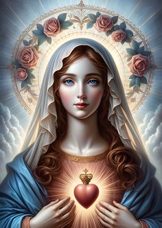 the immaculate mary holding a heart in her hands with roses around her neck and eyes