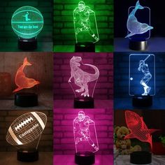 the football player 3d night light is shown in multiple colors and sizes, including red, green, blue, purple, yellow or orange