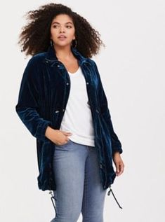 SO happy I found this blue velvet anorak jacket at my local Torrid store! It has been completely sold out online! #plussizefashion #curvy Womens Anorak Jacket, Red Plaid Jacket, Plus Size Velvet, Plus Size Jacket, Out Of The Blue, Faux Suede Jacket, Twill Jacket, Plus Size Coats