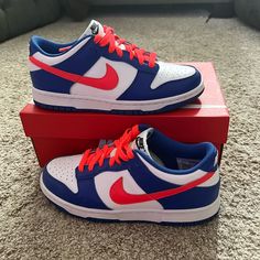 Amazing Condition. Virtually Brand New. They Are Very Comfortable. Little To No Star Loss. No Scuffs Or Mark’s On Them Either. Loved This Shoe Until I Grew Out Of Them. Contact Me With Any Questions Dark Blue Nike Shoes, Blue Sneakers With Red Sole And Round Toe, Casual Blue Sneakers With Red Sole, Royal Blue Dunks, Blue Custom Sneakers With Red Sole And Lace-up, Custom Blue Sneakers With Red Sole And Lace-up, Blue Low-top Custom Sneakers With Red Sole, Custom Blue Lace-up Sneakers With Red Sole, Red And Blue Nike Shoes