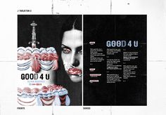 an advertisement for good 4 u is shown in black and white, with the image of a woman's face painted on it