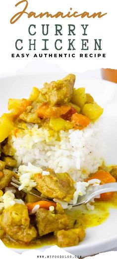 a white plate topped with rice covered in curry chicken and veggies next to a fork