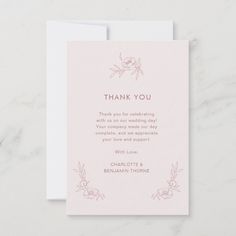 a thank card with pink flowers on it