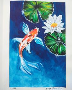 a painting of two fish and lily pads