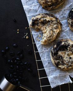 chocolate chip cookies and coffee beans on a cooling rack