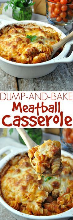 dump and bake meatball casserole in a white dish