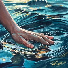 a painting of a hand reaching for something in the water