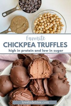 chocolate truffles in a white bowl with text overlay that reads favorite chickpea truffles high in protein and low in sugar