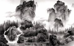 black and white photograph of mountains with trees in the foreground, surrounded by water