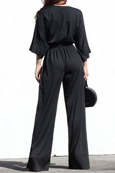 Jumpsuit Long Sleeve, Jumpsuit Long, Long Jumpsuits, Wide Leg Jumpsuit, Look Chic, Deep V, Stretch Fabric, Comfort Fit, Wide Leg