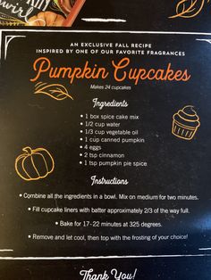 the menu for pumpkin cupcakes is shown here