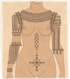 a drawing of a woman with tattoos on her body