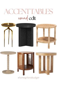 round tables and stools with the words accentables around each one on them