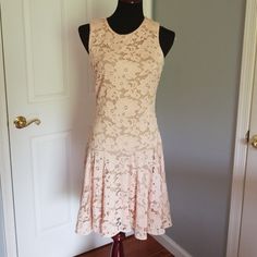 Pale Pink, Flowered Lace, Lined Midi Dress. Feminine Fitted Lace Dress For Garden Party, Spring Sheath Dress For Wedding Guest, Spring Wedding Guest Sheath Dress, Spring Sheath Midi Dress For Wedding Guest, Spring A-line Lace Dress For Party, Elegant Floral Print Fit And Flare Mini Dress, Elegant Fit And Flare Floral Mini Dress, Spring Fitted Midi Dress For Wedding Guests, Elegant Fitted Lace Dress For Garden Party