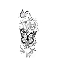 a black and white drawing of flowers with butterflies