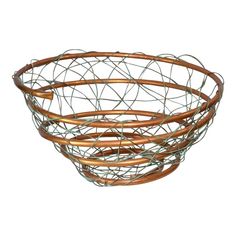 a metal wire basket with wooden handles on a white background, isolated for use as a decoration