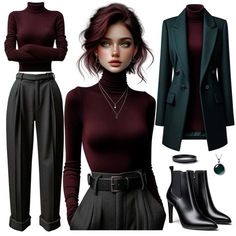 Short Women Formal Outfit, Wine Turtleneck Outfit, Dark Academia Business Outfit, Business Witch Fashion, Dark Fall Fashion, Dark Acidamiaoutfits, Dark Winter Clothes, Deep Autumn Outfits Ideas, Dark Colors Outfit