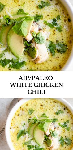 two bowls filled with white chicken and avocado soup