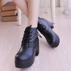 Womens Punk Rock Lace Up Platform Heels Ankle Boots Shoes Boots Thick, Popular Boots, Black Leather Ankle Boots, Boots Women Fashion, Black Boots Women, Martin Boots, Lace Up Ankle Boots, Thick Heels, Lace Up Heels