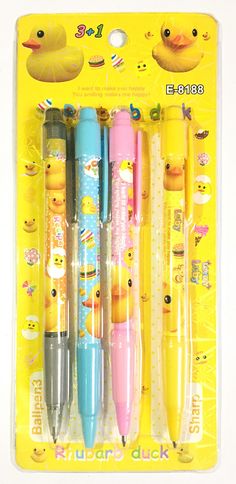 four pens with rubber duck characters on them