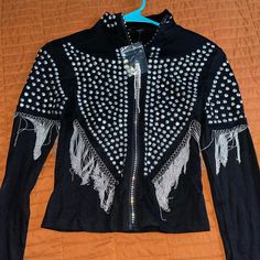 Cute Studded Tight Fitting Jacket , Perfect For A Concert , Never Worn !!! Fitted Long Sleeve Punk Outerwear, Fitted Fall Outerwear For Club, Fitted Punk Outerwear For Night Out, Vinyl Display, Fitted Jacket, Dog Tattoos, Workout Jacket, Concept Store, Tights