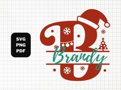 the letter p is for brandy with santa's hat on top and snowflakes around