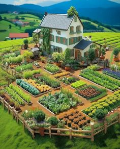 an aerial view of a house surrounded by garden beds