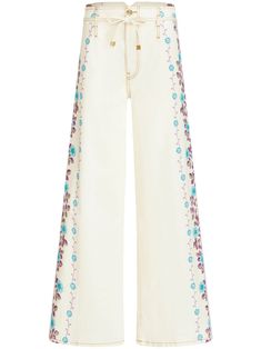 ecru/multicolour stretch-cotton denim floral print belt loops wide leg front tie fastening front button and zip fastening two rear patch pockets Wide Leg Denim Blue Jeans With Floral Embroidery, Luxury Embroidered Wide Leg Pants, Luxury Embroidered Wide-leg Pants, Embroidered Denim Wide-leg Bottoms, Luxury Floral Embroidered Jeans For Women, Corset Pants, Wide Leg Denim Jeans, Uzun Boy, Latest Jeans