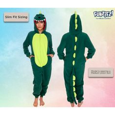 Stay fierce in this cute and fun Slim Fit Dinosaur Animal One Piece Pajamas from Funziez! The comfy 100% polyester fabric makes the onesies extra soft, and its T-Rex details will have your family and friends roaring with compliments. From the eyes and teeth on the hood to the cool tail in the back, no detail has gone unnoticed in these pajamas. Although it is slim fit, it does not compromise room for movement. Its zippered front pockets add functionality to store your personal belongings, and th Kangaroo Plush, Suit Costume, Union Suit, One Piece Cosplay, Dinosaur Costume, Costume For Halloween, Animal Designs, One Piece Pajamas, Phone Wallet