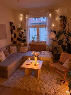 a living room filled with lots of furniture and plants on the windowsill, next to a window sill