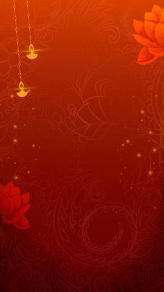 a red background with gold flowers and two hanging lights on the strings, as well as an ornate design