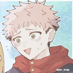 an anime character with pink hair and blue eyes wearing a red hoodie looking at the camera